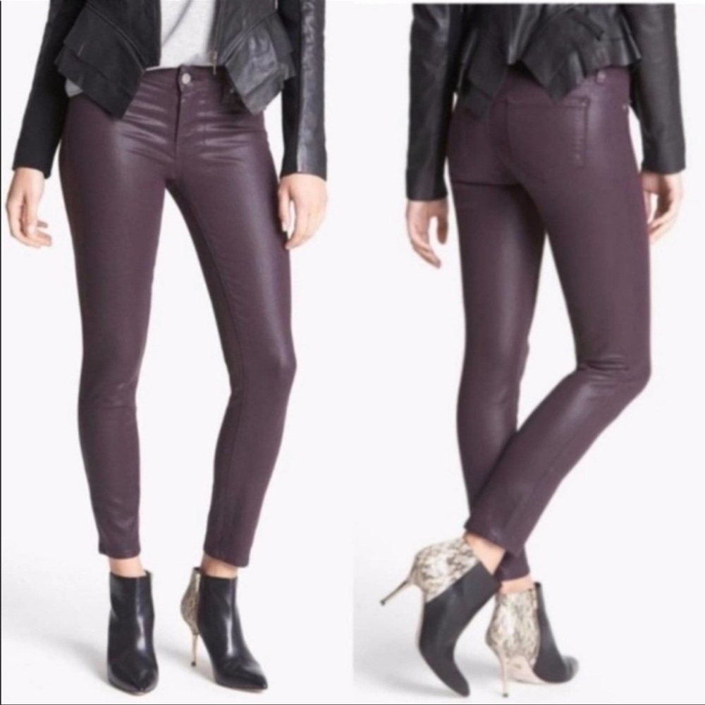 Paige Verdugo Coated Black Cherry Silk Skinny Jeans
